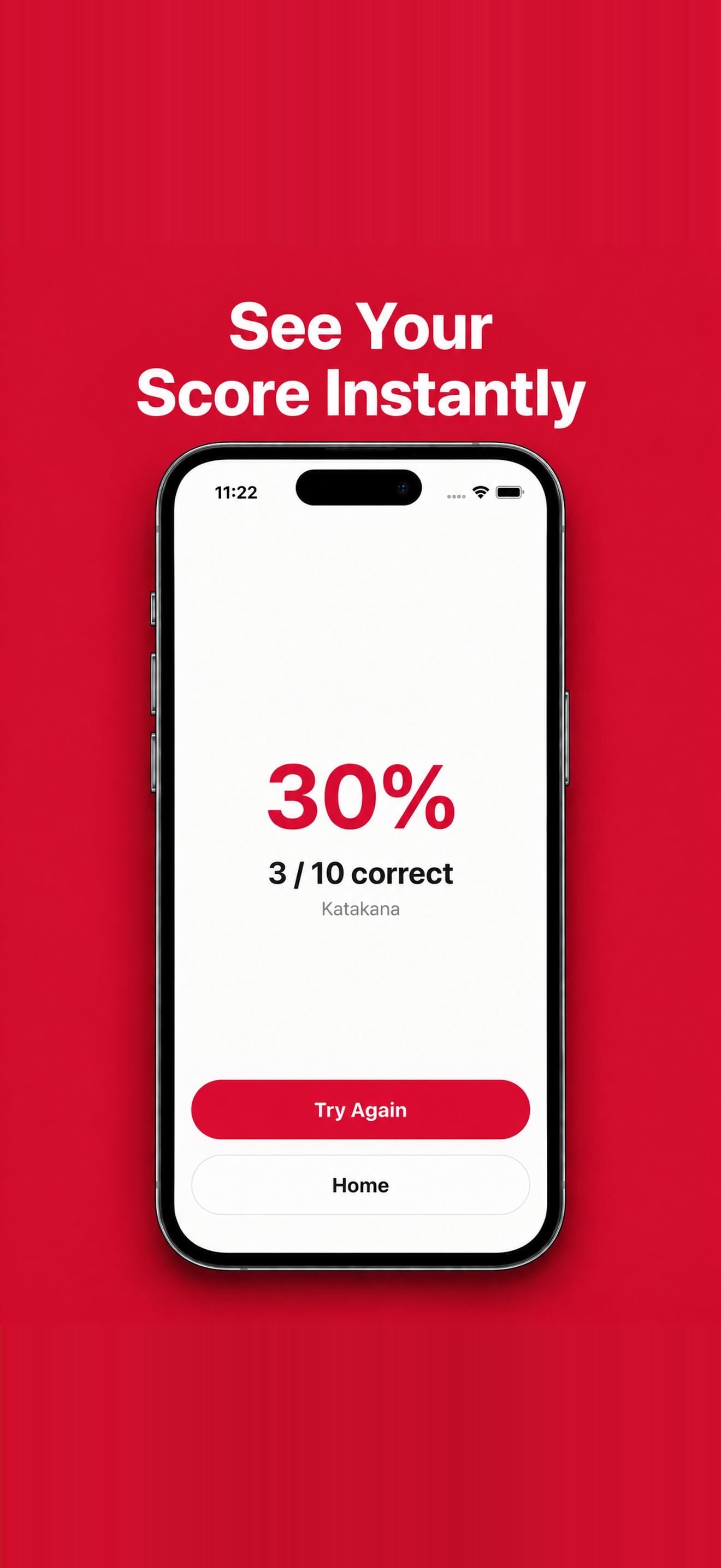 Result screen showing a 30% score and 3 out of 10 correct