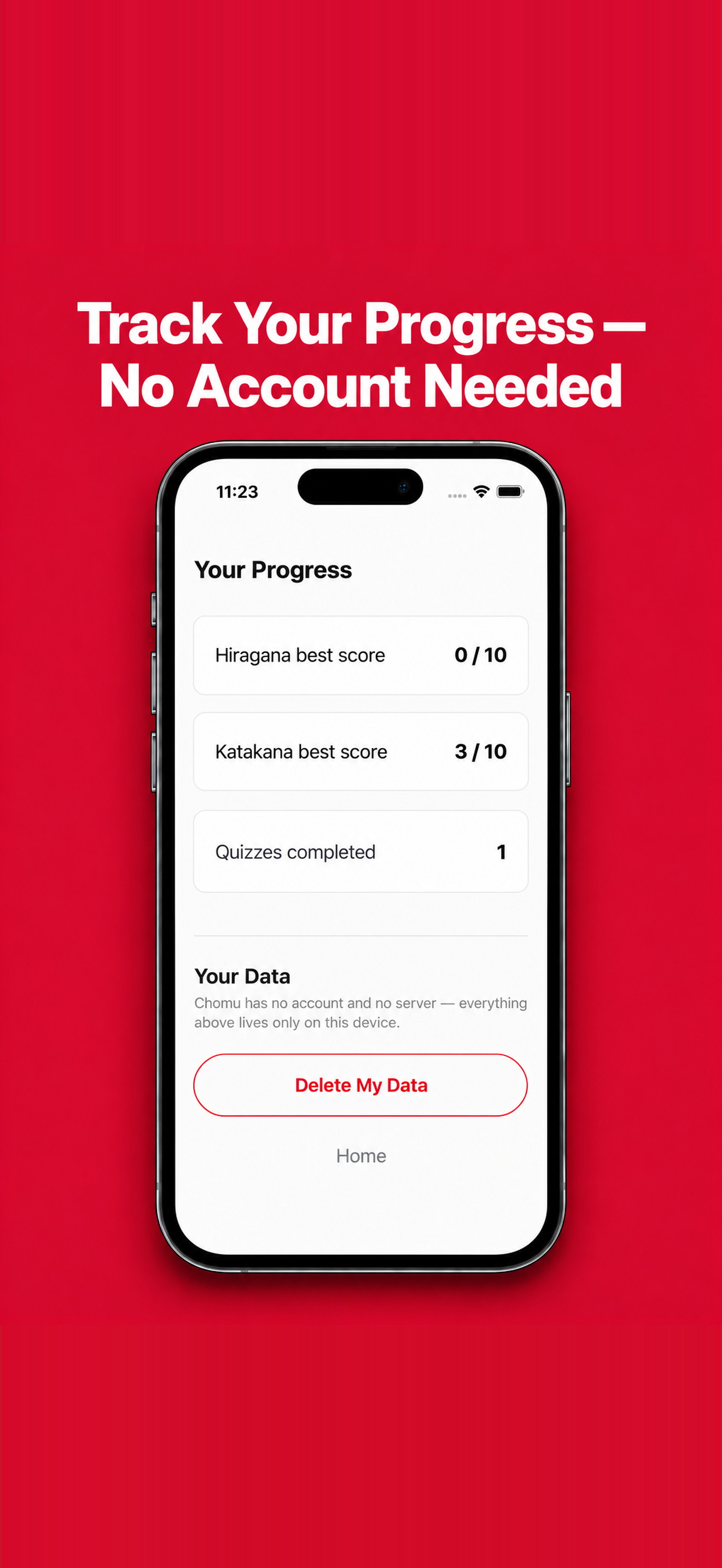 Progress screen showing best scores and a Delete My Data button